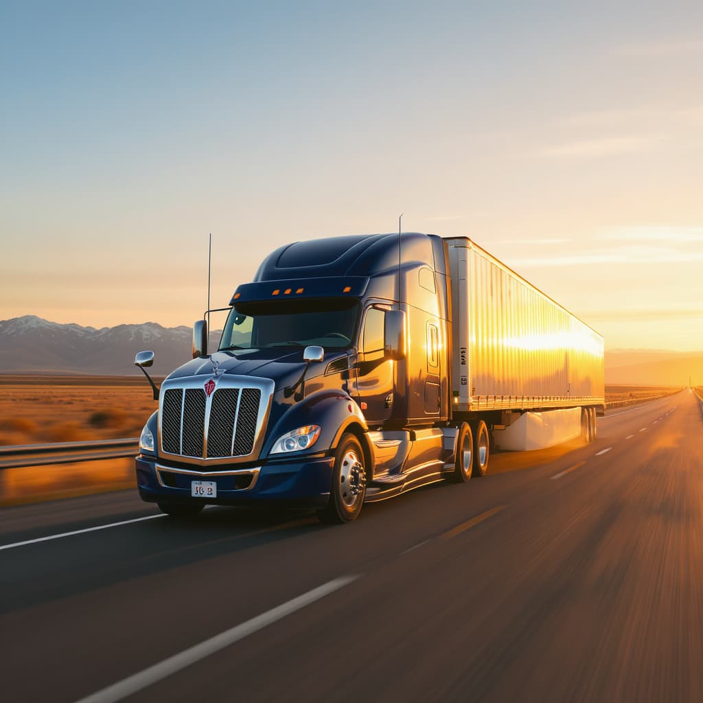 A long-haul semi-truck rolling down an open highway at golden hour.